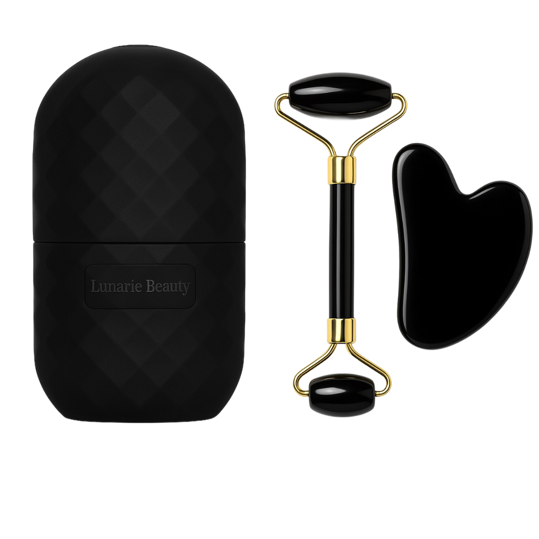 De-Puff Skincare Tool Set – Ice Roller, Jade Roller & Gua Sha | Lunarie Beauty