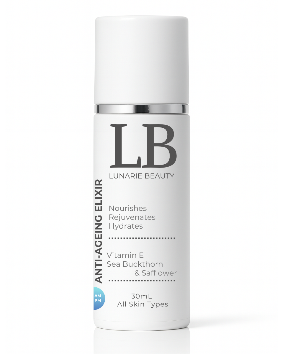 Lunarie Beauty anti-aging elixir bottle on a white background