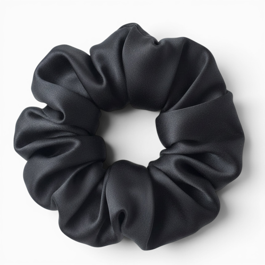 Black silk scrunchie on a white background