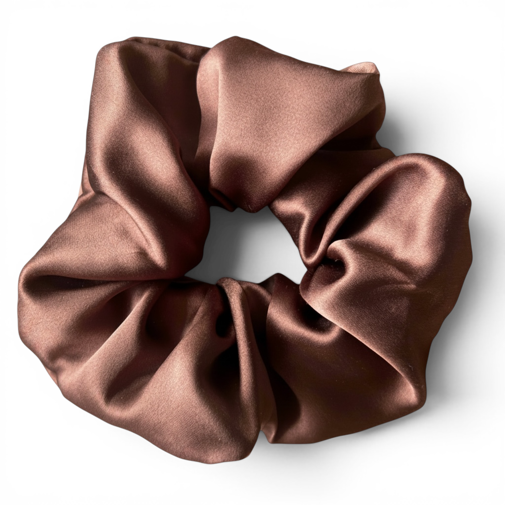 Brown silk scrunchie on a white background