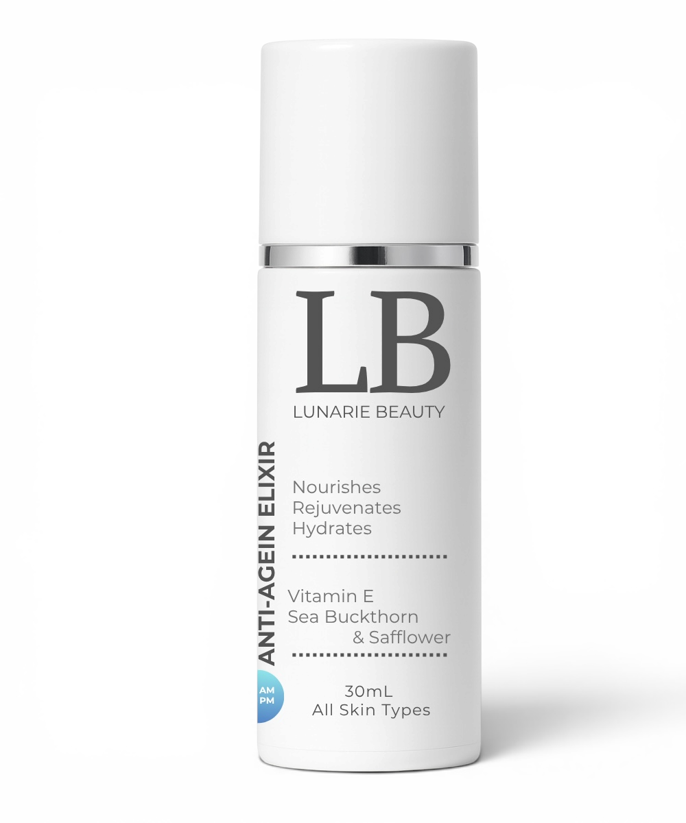 LB Lunarie Beauty anti-ageing elixir bottle on a white background