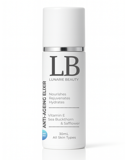 Lunarie Beauty anti-aging elixir bottle on a white background