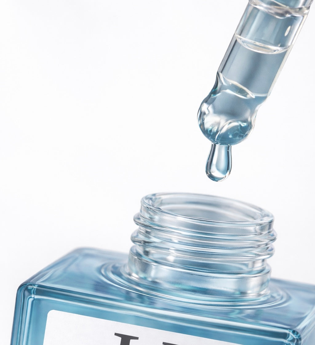 Clear dropper bottle with a droplet of liquid on a white background
