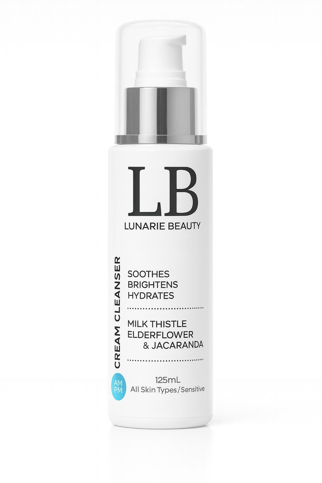 Lunarie Beauty cream cleanser bottle on a white background