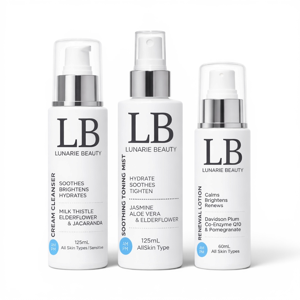 Three bottles of Lunarie Beauty skincare products on a white background
