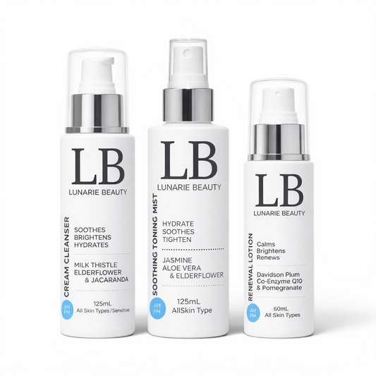 Three bottles of Lunarie Beauty skincare products on a white background