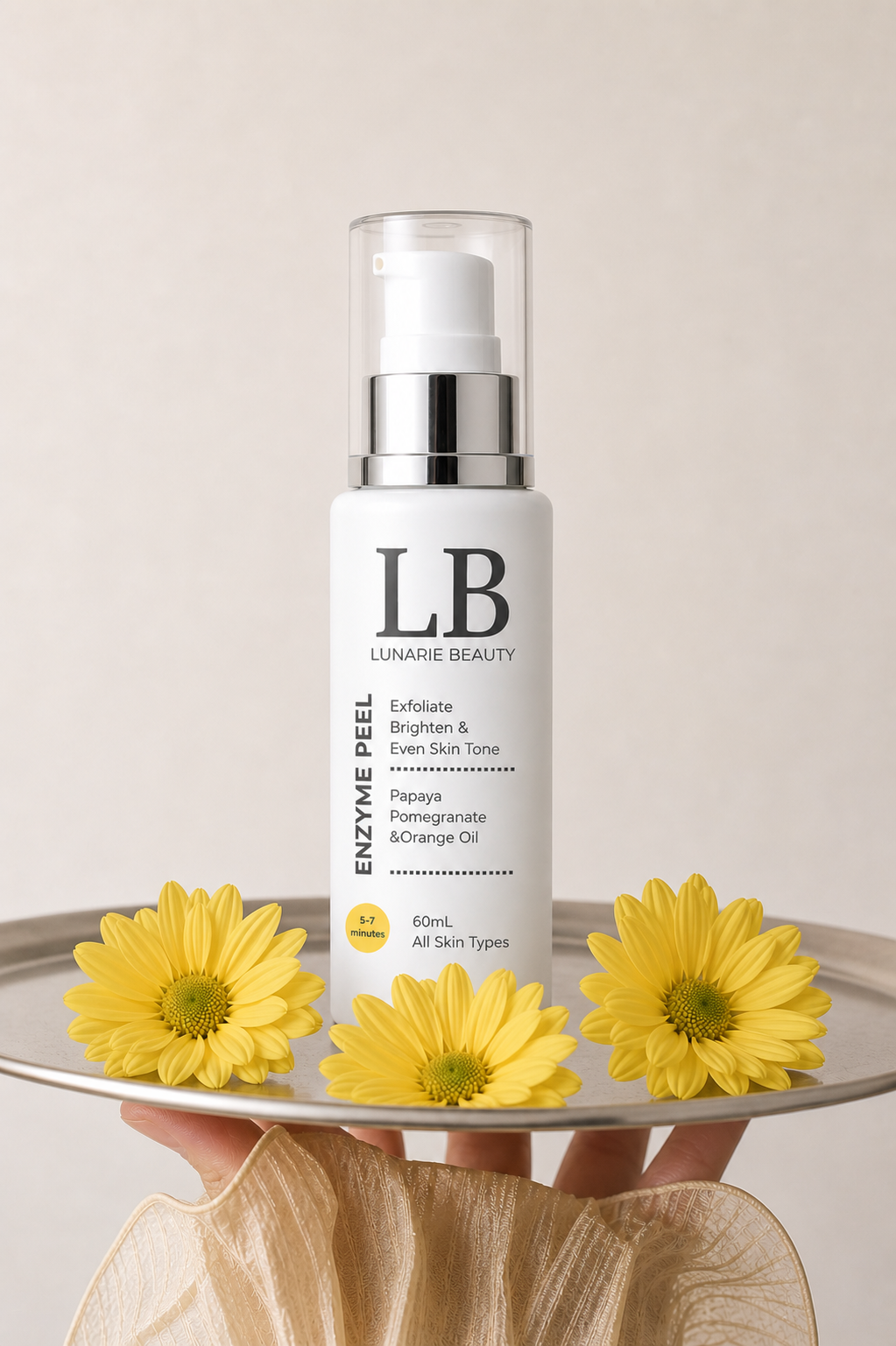 LB Lunairie Beauty skincare product with yellow flowers on a tray