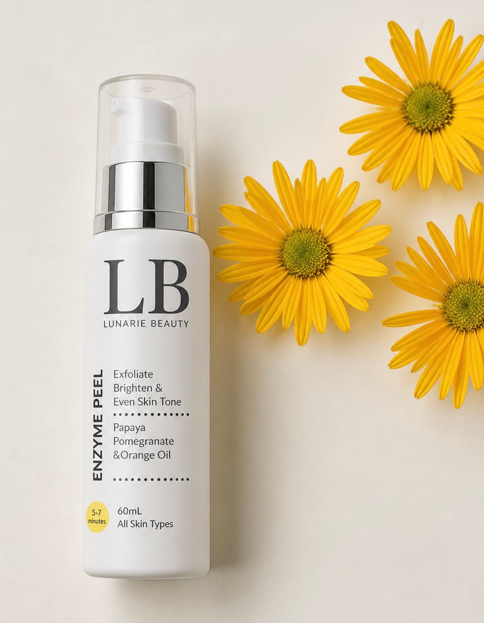 LB Lunarie Beauty skincare bottle with yellow flowers on a light background