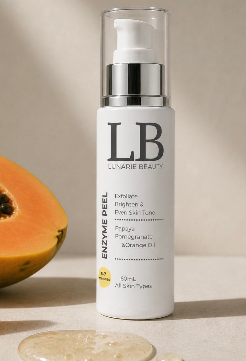 Lunarie Beauty Enzyme Peel bottle with papaya on a neutral background