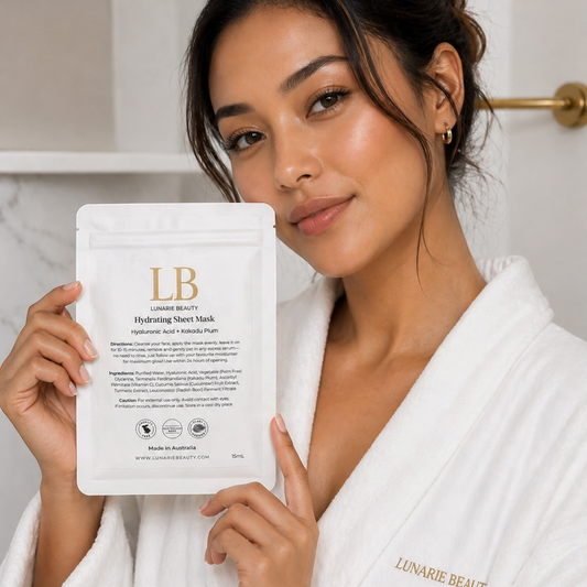 Woman holding hydrating sheet mask LB