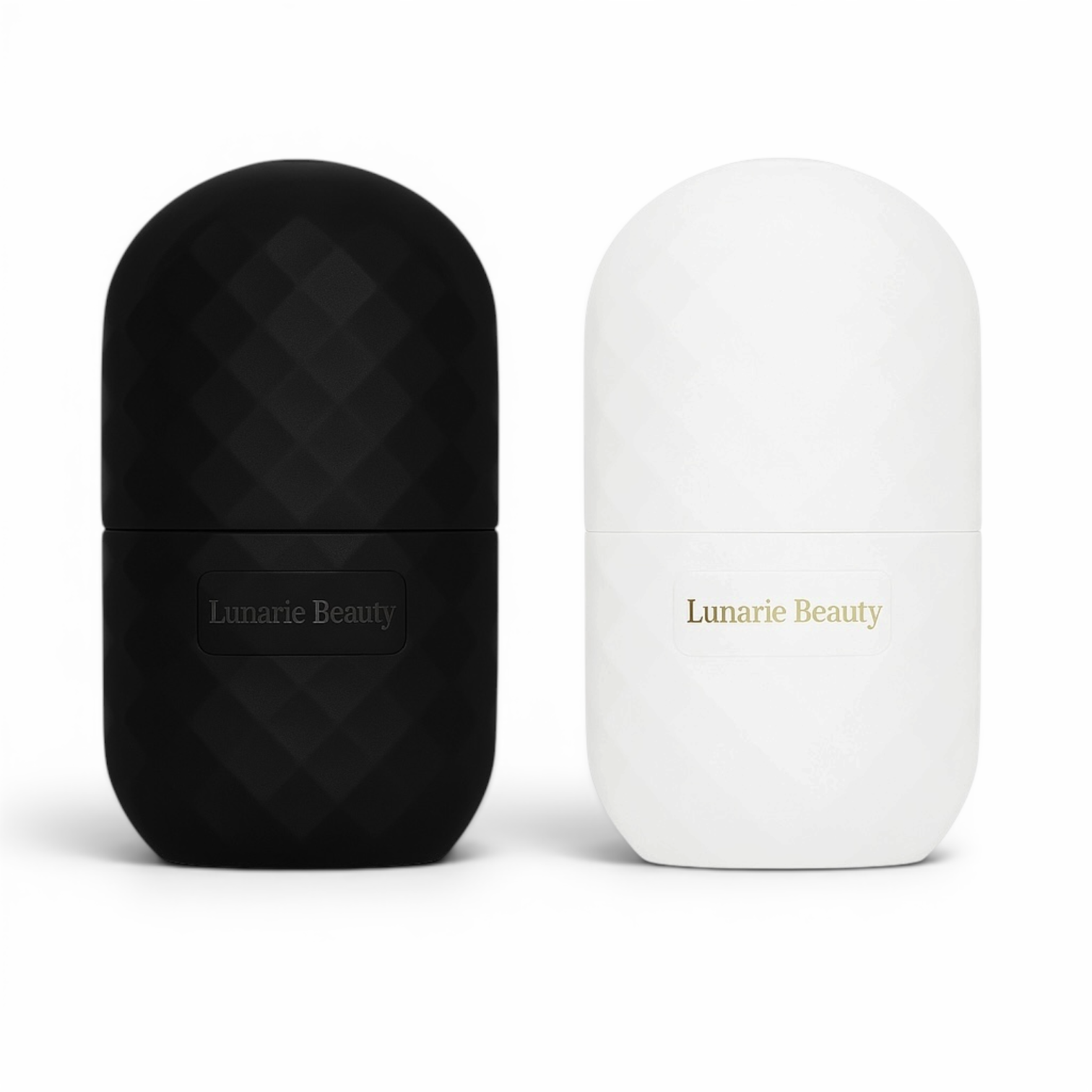 Black and white ice roller 'Lunarie Beauty' branding on a white background