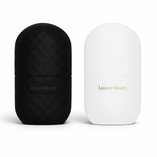 Black and white ice roller 'Lunarie Beauty' branding on a white background