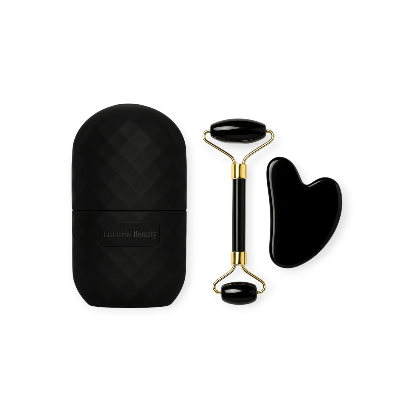 Black facial roller and gua sha tool with black case on a white background