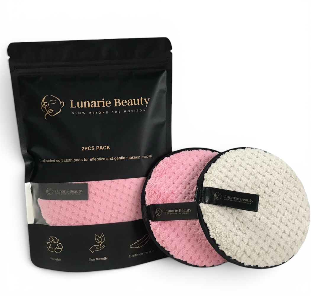 Lunarie Beauty makeup removal pads with packaging on a white background