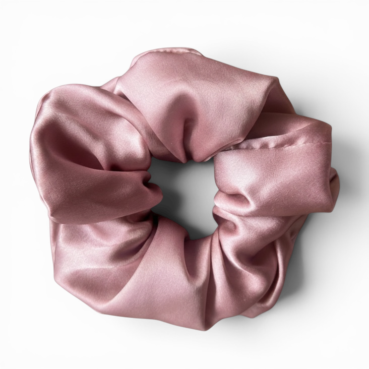 Pink silk scrunchie on a white background