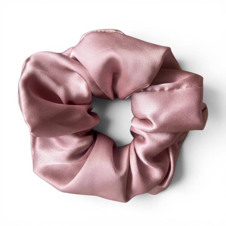 Pink silk scrunchie on a white background