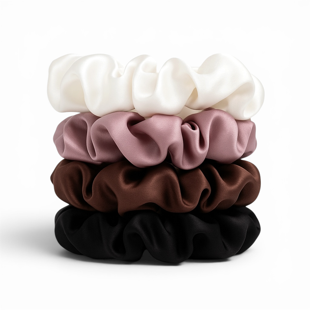 Stack of four satin scrunchies in white, pink, brown, and black on a white background