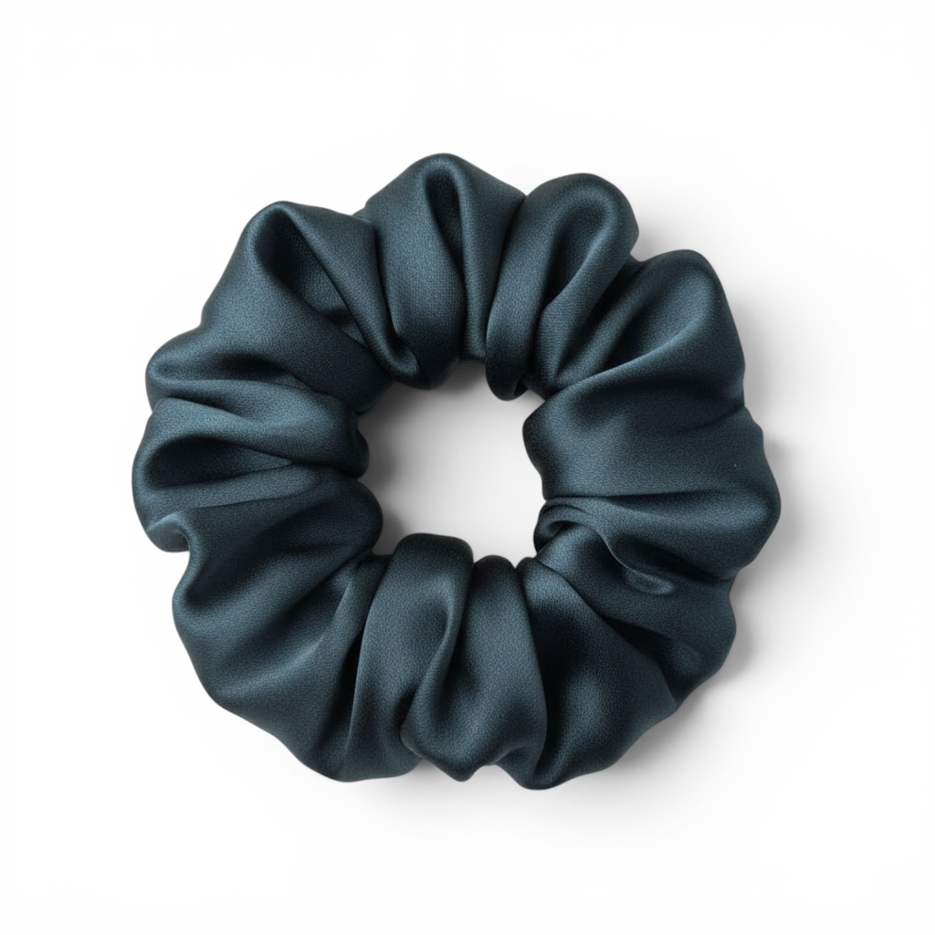 Dark black silk scrunchie on a white background