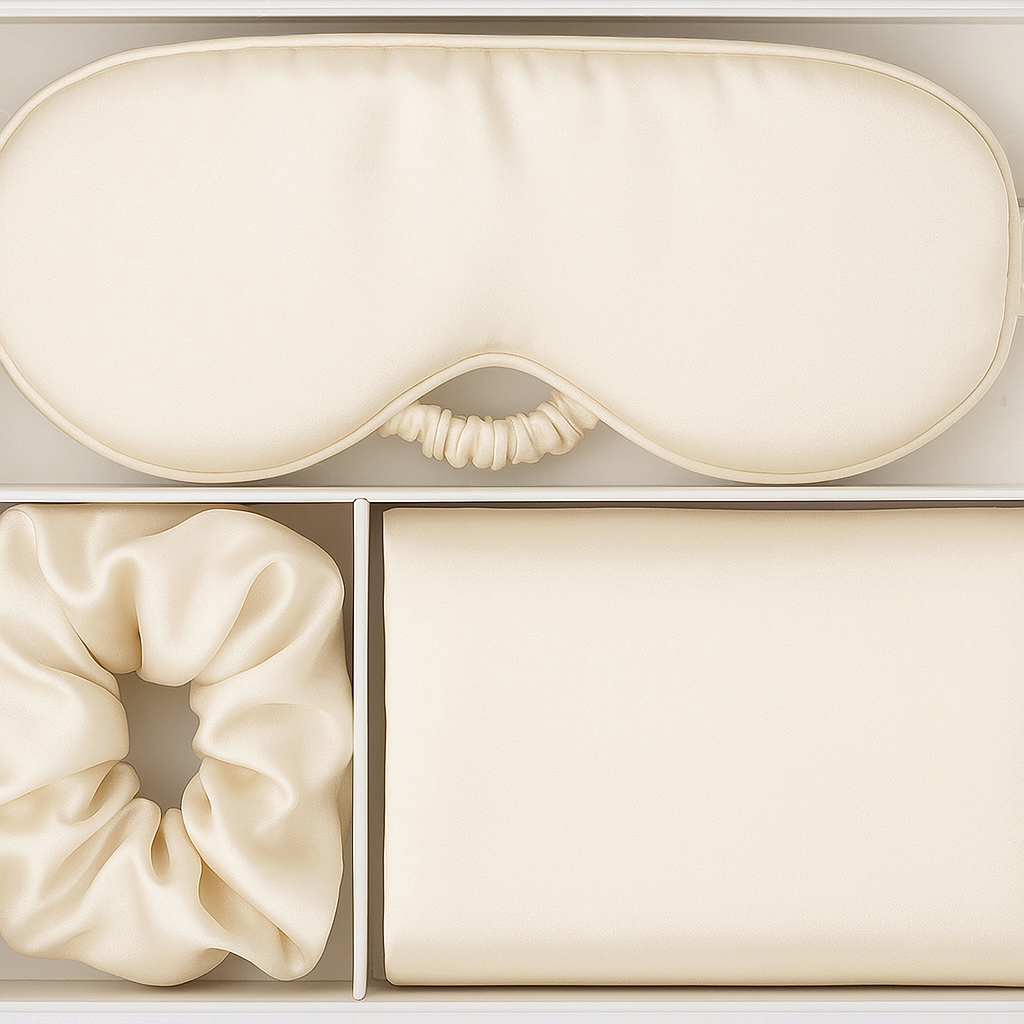 Set of cream-colored sleep mask, scrunchie, and pillow in a box