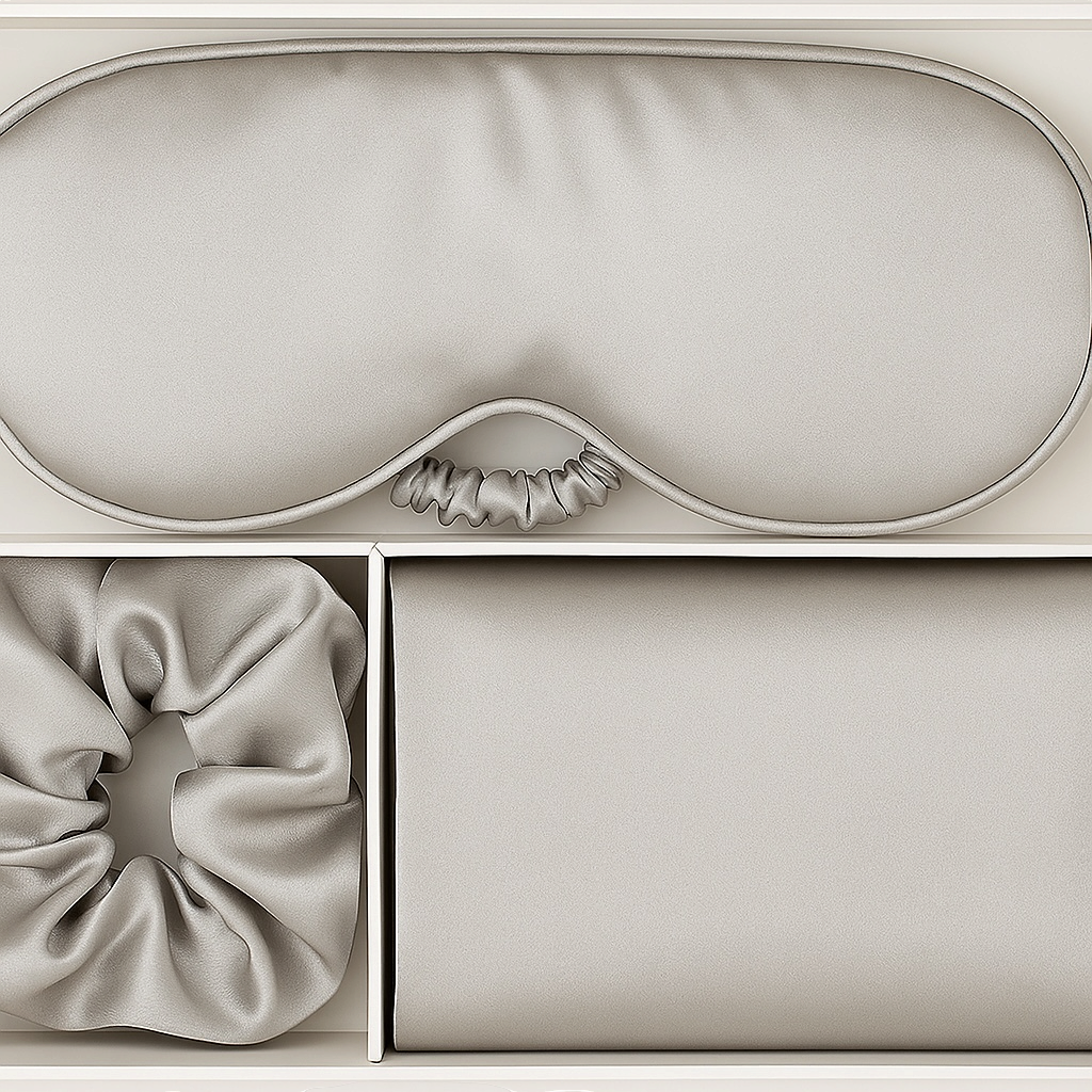 Set of white scrunchies in a decorative box with a decorative lid.