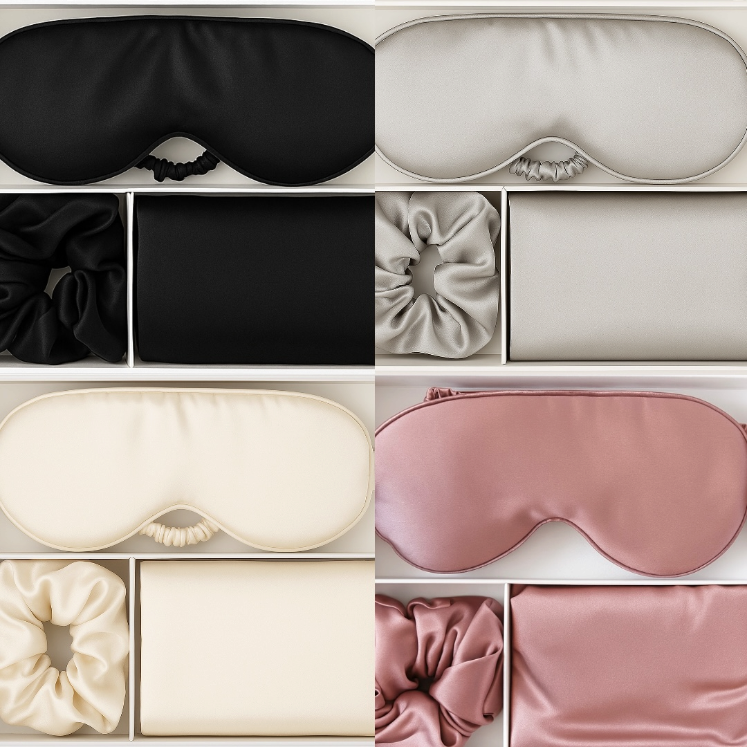 Collage of various sleep masks and scrunchies in different colors.
