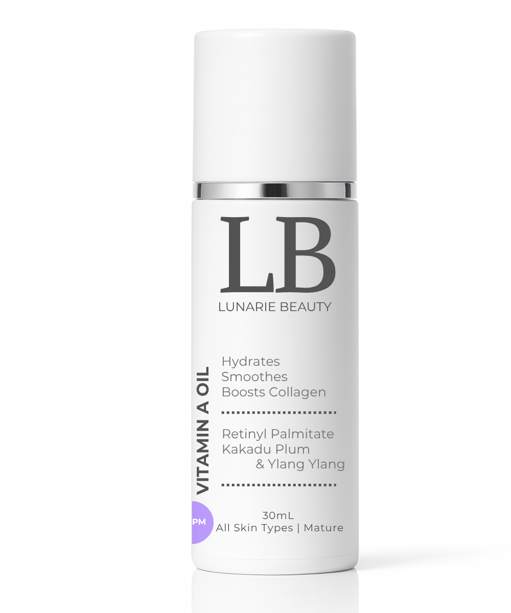 Skincare bottle labeled 'LUNARIE BEAUTY' with product details on a white background bitumen A oil