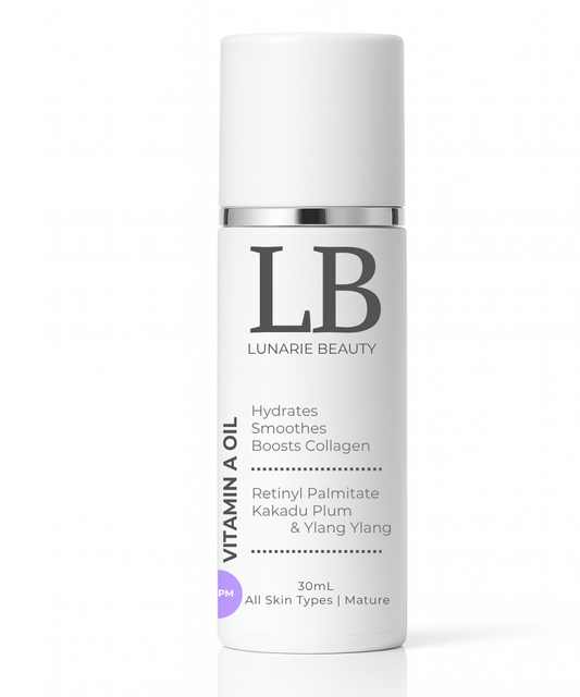 Skincare bottle labeled 'LUNARIE BEAUTY' with product details on a white background bitumen A oil