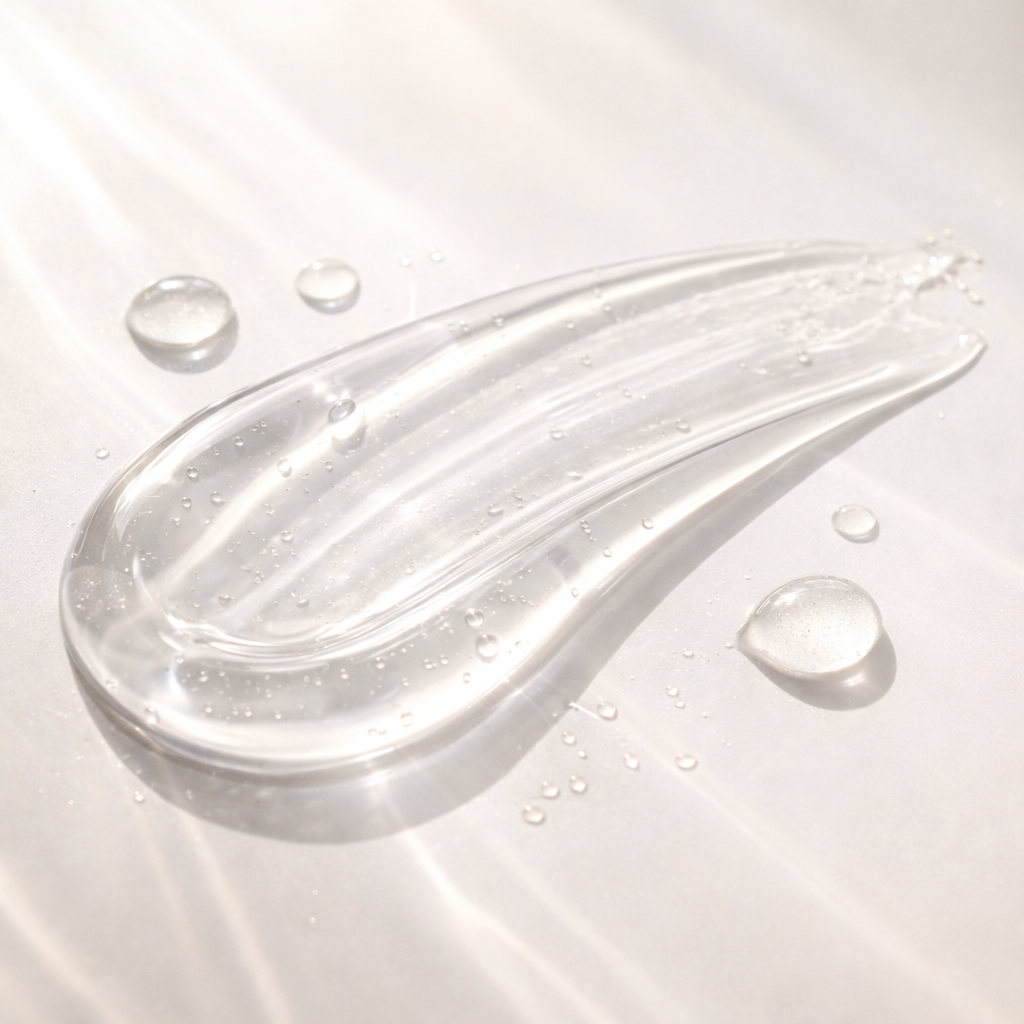 Transparent gel or cream with droplets on a light gray background vit c serum