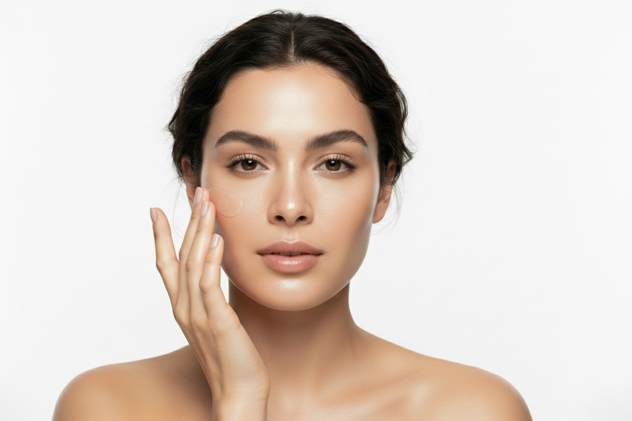 A woman with a fresh natural look applying a lightweight cream, clean white background, bright diffused studio lighting, minimalist aesthetic, glossy skin texture, professional editorial skincare photography.